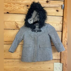 Zara Kids Girls Size 5 Wool Pea Coat Black Faux Fur‎ Hood